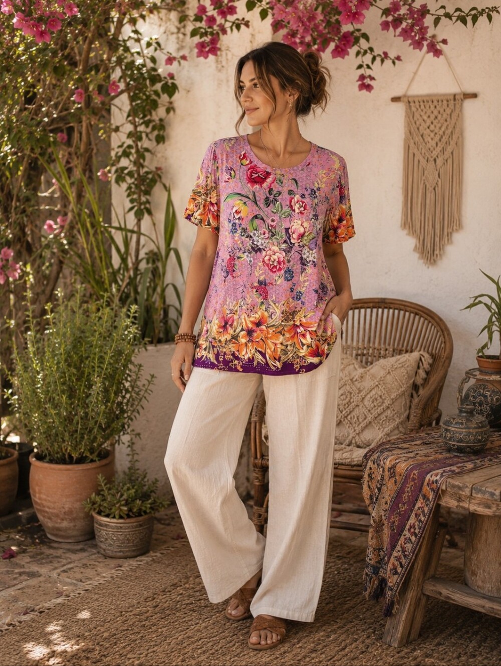 JOHNNY WAS Floral Top Blouse MEDIUM Pink Boho Bamboo Made Women's T15422-5
